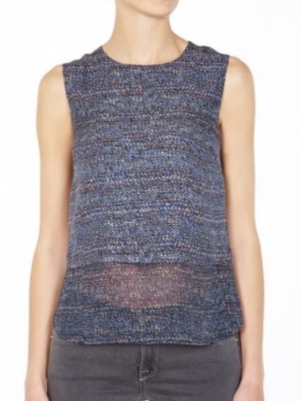 Theory Tweed Print 100% Silk Sleeveless Layered Blouse, L.